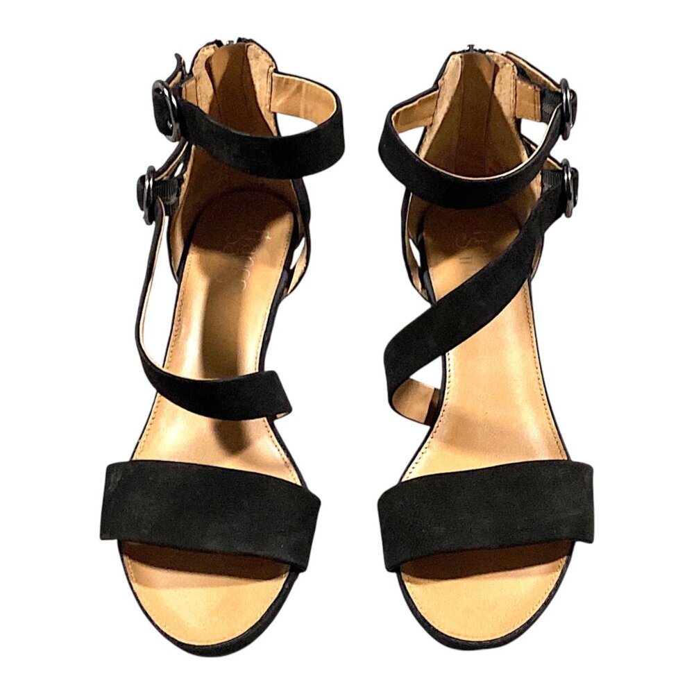 Franco Sarto Shoes Womens 8.5M Black Suede Sandals Strappy Wedge Resort DEREK